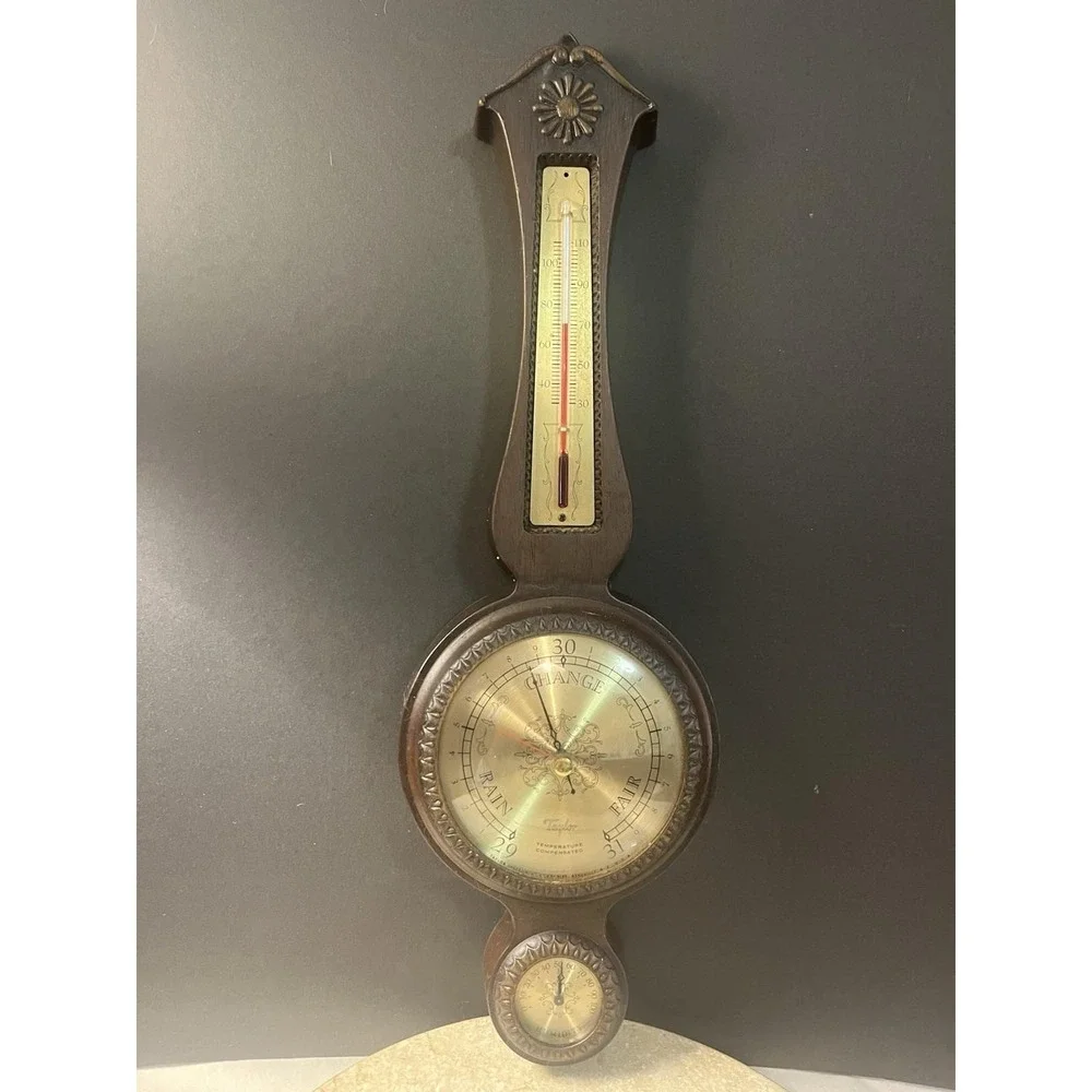 Wooden Barometer Taylor Instrument Companies Vintage Banjo  Weather Station